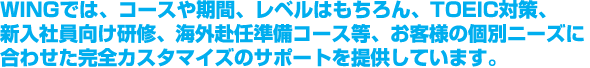 WINGでは、コースや期間、レベルはもちろん、TOEIC対策、新入社員向け研修、海外赴任準備コース等、お客様の個別ニーズに合わせた完全カスタマイズのサポートを提供しています。